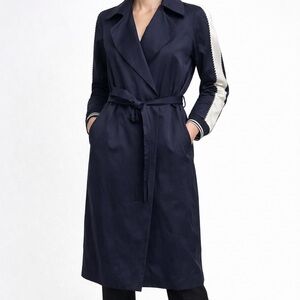 Sandro Navy Belted White Trim Trench Coat Size 36 US 4